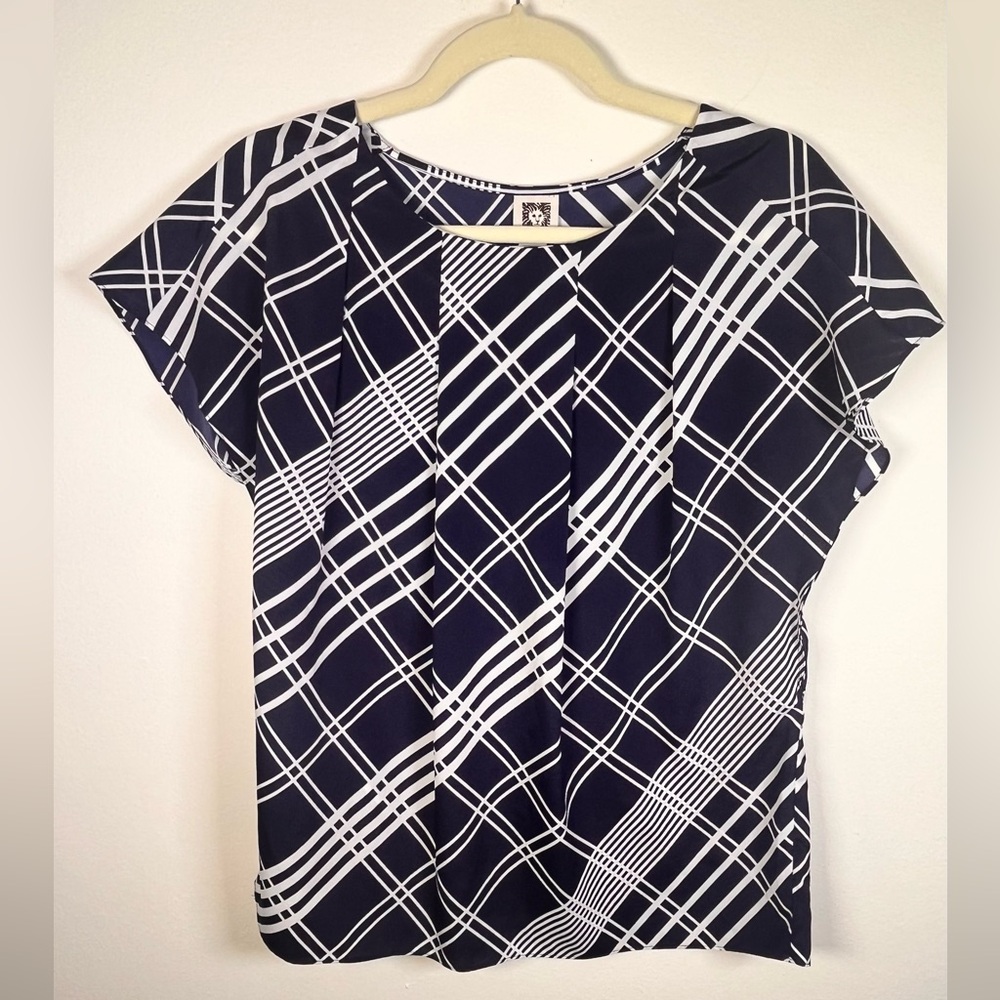 Anne Klein Navy and White Plaid Blouse